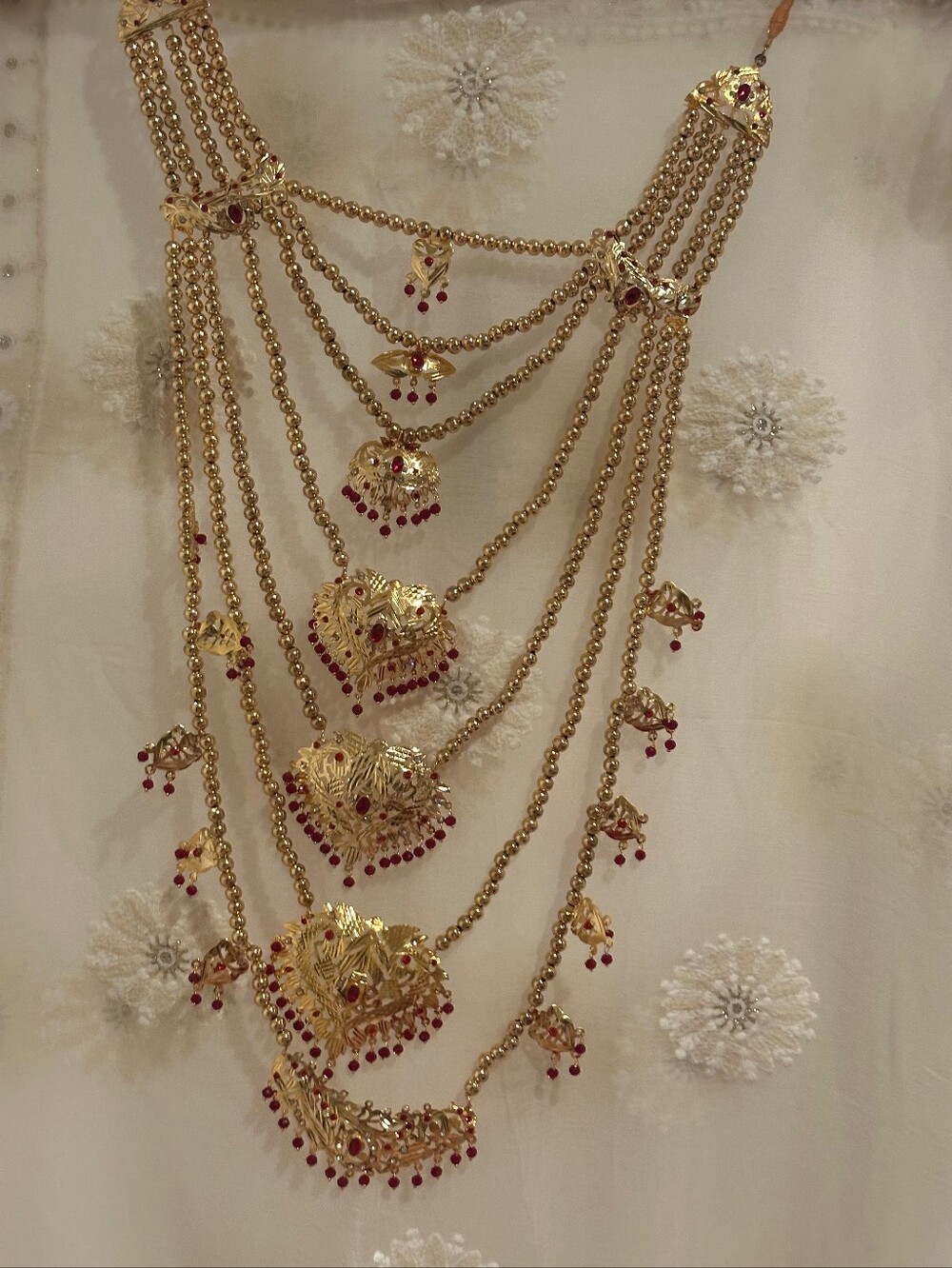 Traditional Gold-Tone Multi-Layer Necklace Set with Red Accents - Picture 8 of 16